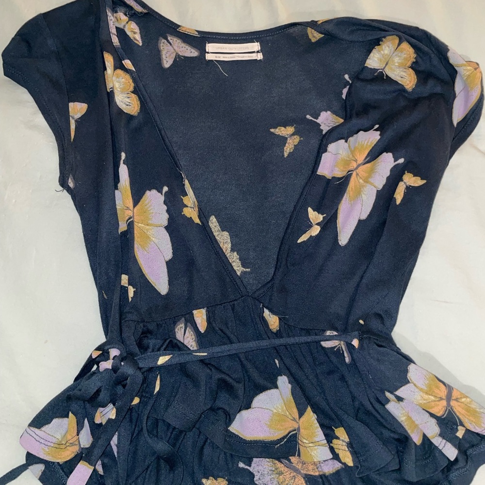 Urban Outfitters Navy Butterfly V-neck top with waist ties